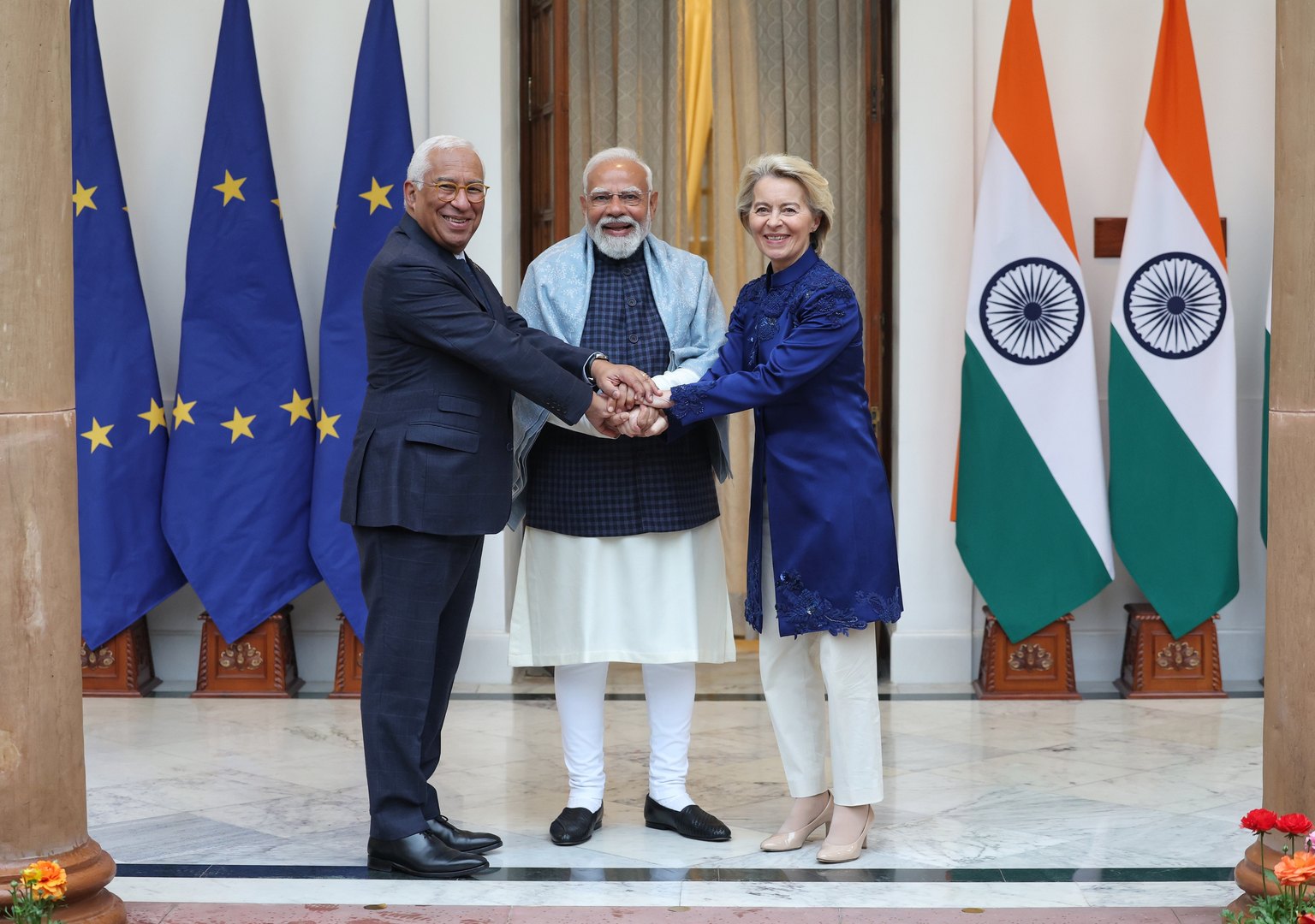 PM Narendra Modi with António Costa and Ursula von der Leyen at the 16th India–EU Summit